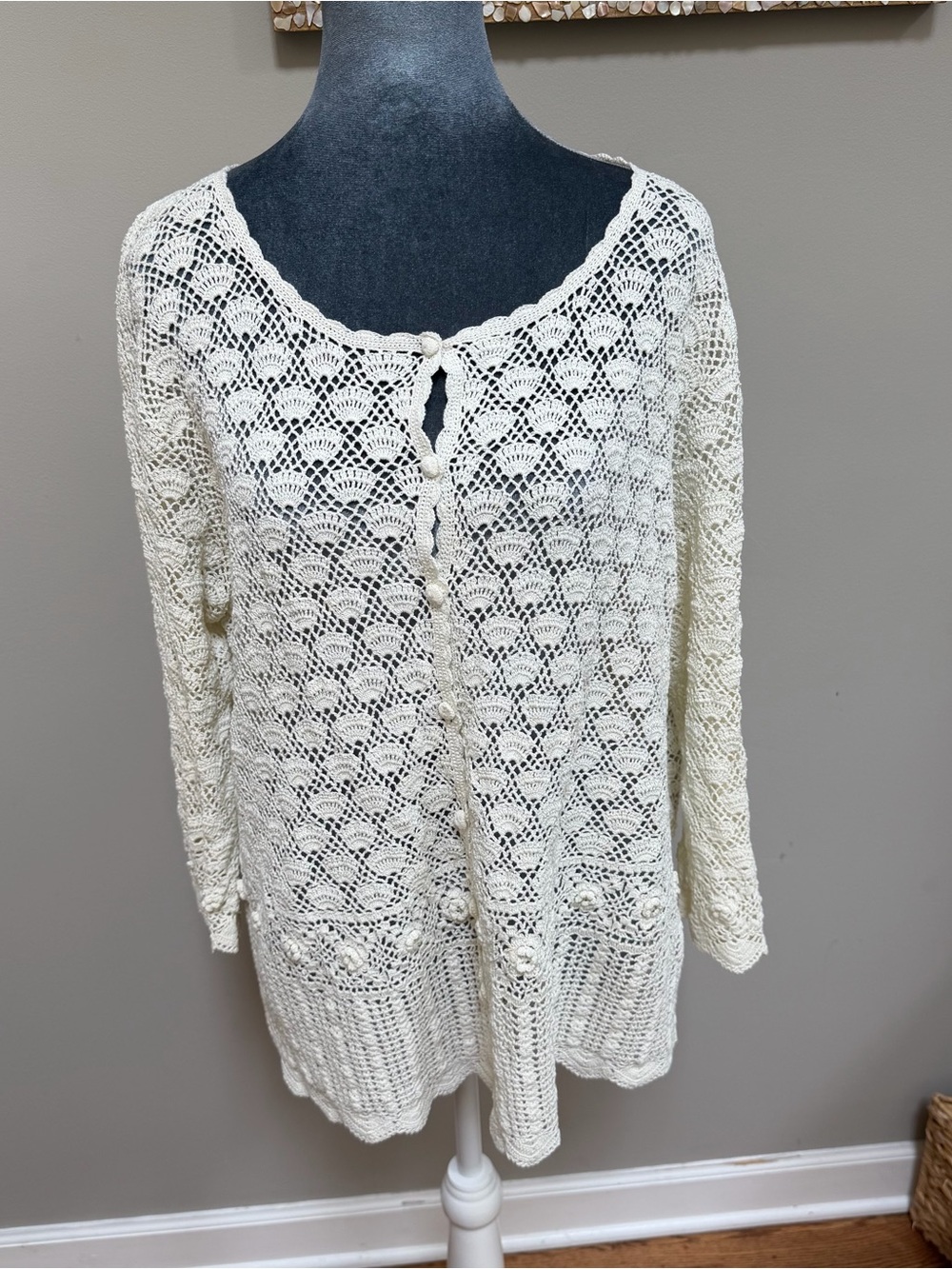 Vintage April too! Cornell crochet knit cardigan sweater ivory off white